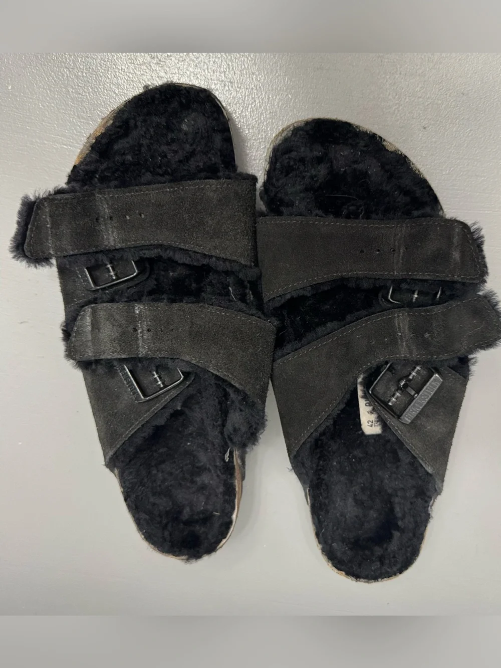 Birkenstock Black Shearling Suede Arizona Slide Sandals
